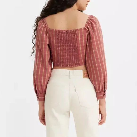 Levis Plaid Crop Blouse Devin Puff Sleeve Top Western Country Red SZ Small - Picture 3 of 16